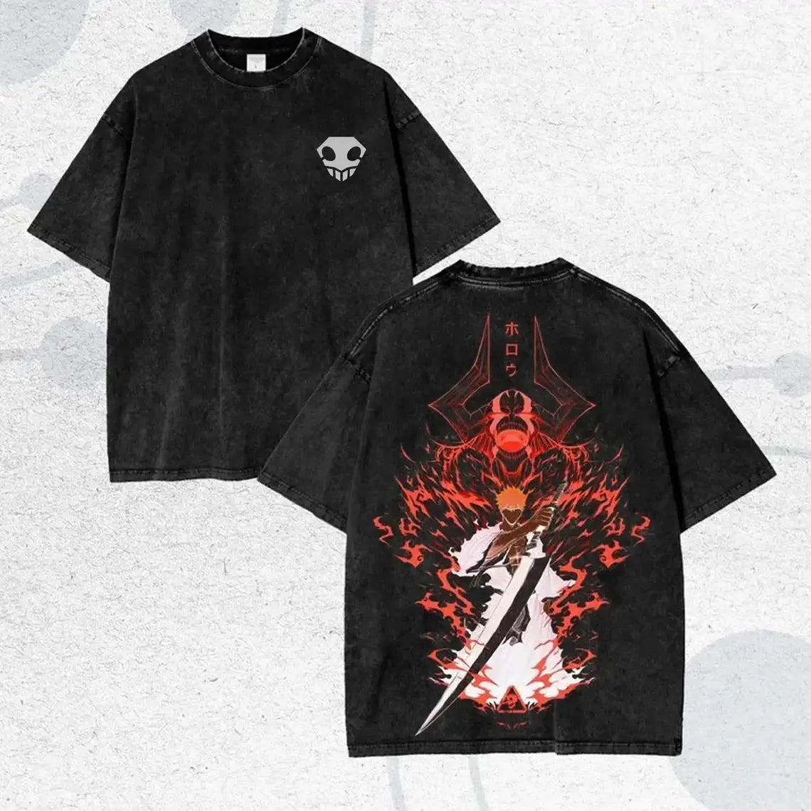 Bleach T-Shirt Vintage Washed Anime Streetwear oversized nylon-cotton blend Y2K hip-hop Bleach anime graphic washed finish applique unisex S to XXXL front view