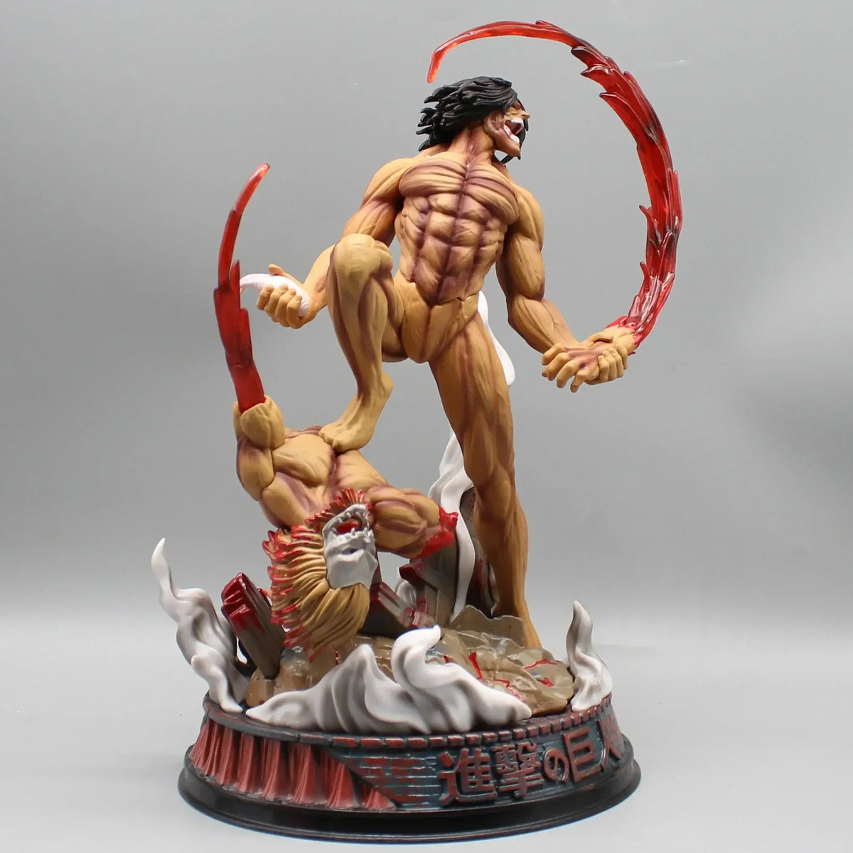 A highly detailed 29cm Eren Jaeger Figure made of premium PVC, showcasing the Attack on Titan protagonist in a dynamic pose for anime desktop decoration.