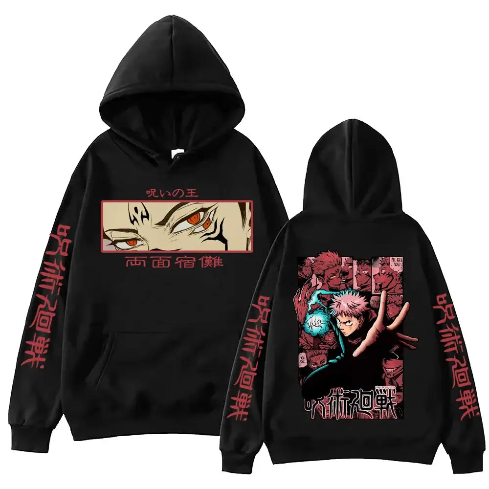 Itadori Hoodie Jujutsu Kaisen Harajuku Pullover fleece-lined polyester long sleeve hooded sweatshirt unisex Yuji Itadori design front view