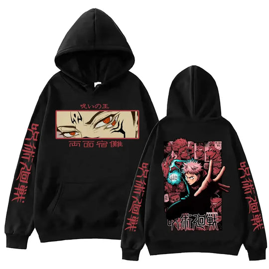 Itadori Hoodie Jujutsu Kaisen Harajuku Pullover fleece-lined polyester long sleeve hooded sweatshirt unisex Yuji Itadori design front view