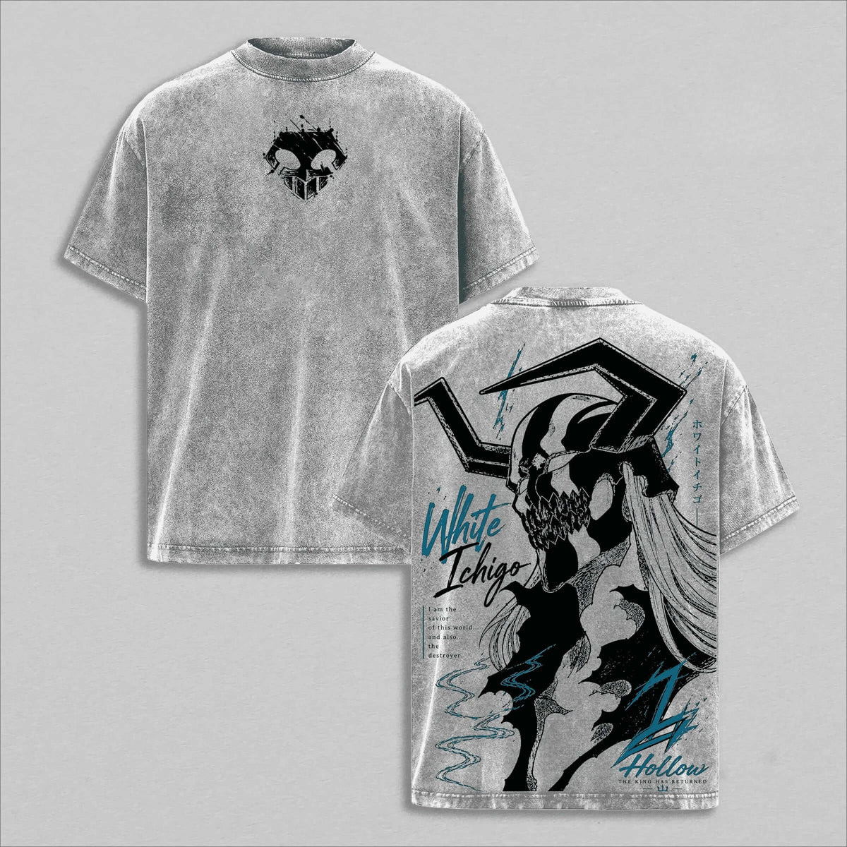 Ichigo Kurosaki Bleach Manga Washed T-Shirt featuring White Ichigo design, vintage anime style, and soft cotton material.