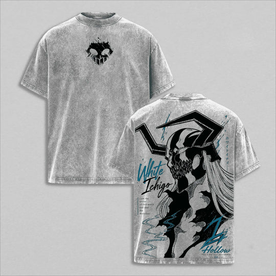 Ichigo Kurosaki Bleach Manga Washed T-Shirt featuring White Ichigo design, vintage anime style, and soft cotton material.