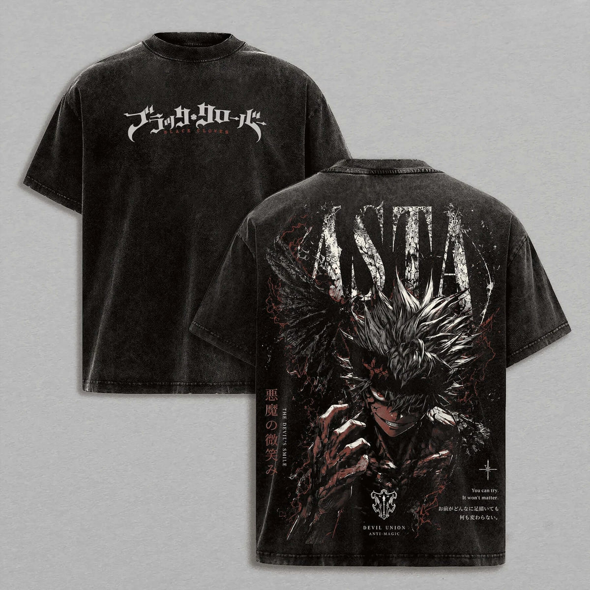 Asta Black Clover Vintage Y2K Washed Oversized T-Shirt featuring unique graphic design on a black background.