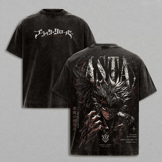 Asta Black Clover Vintage Y2K Washed Oversized T-Shirt featuring unique graphic design on a black background.