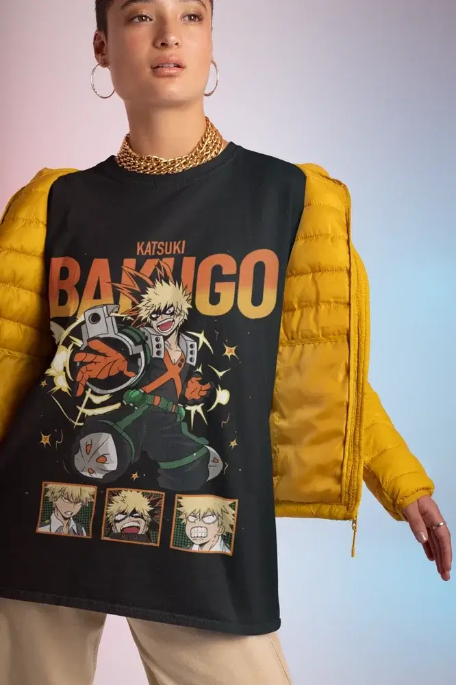 A premium Katsuki Bakugo T-Shirt featuring explosive anime manga art of the My Hero Academia hero Dynamight for men and women.