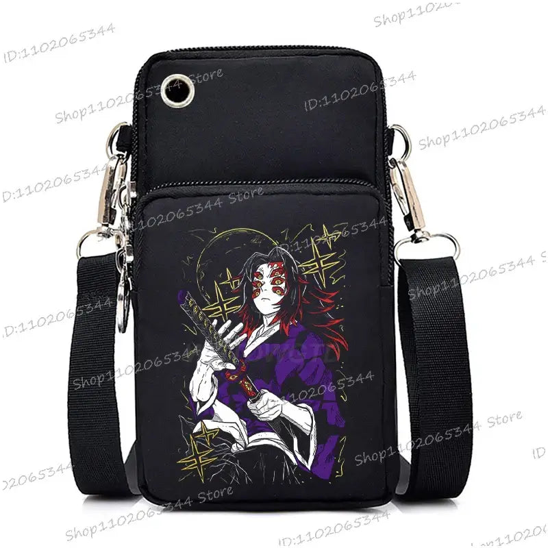 A trendy Demon Slayer Phone Bag featuring anime art of Nezuko Kamado and Mitsuri Kanroji, designed as a Harajuku mini crossbody purse for women and men.