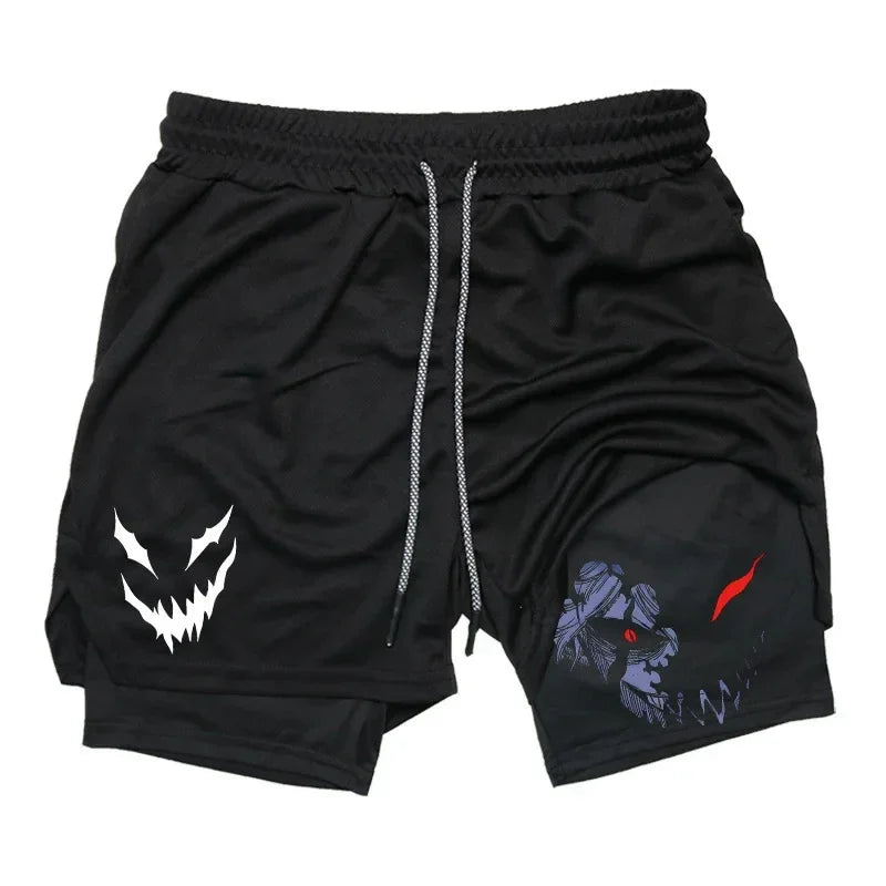 Black Five-Leaf Clover Double-Layer Sports Shorts with Pockets