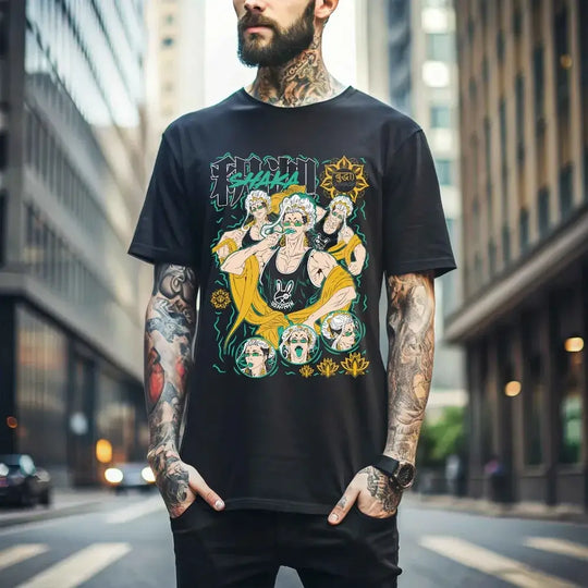 A stylish Record of Ragnarok Buddha T-Shirt featuring a graphic print of the anime character Buddha, designed as a casual top for girls and women.