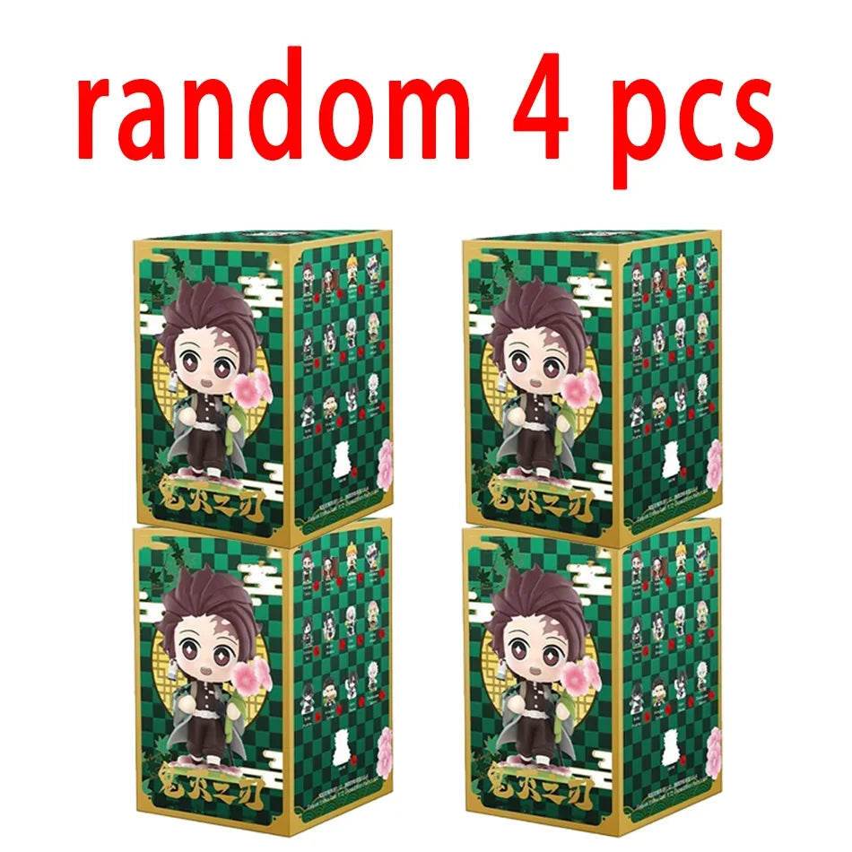 A colorful Demon Slayer Blind Box containing a random cute PVC anime figure of Tanjiro or Nezuko, used as a desktop ornament.