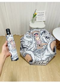 An automatic One Piece Nika Luffy Fold Umbrella with a three-fold design, featuring Gear 5 anime art and black glue sunscreen.