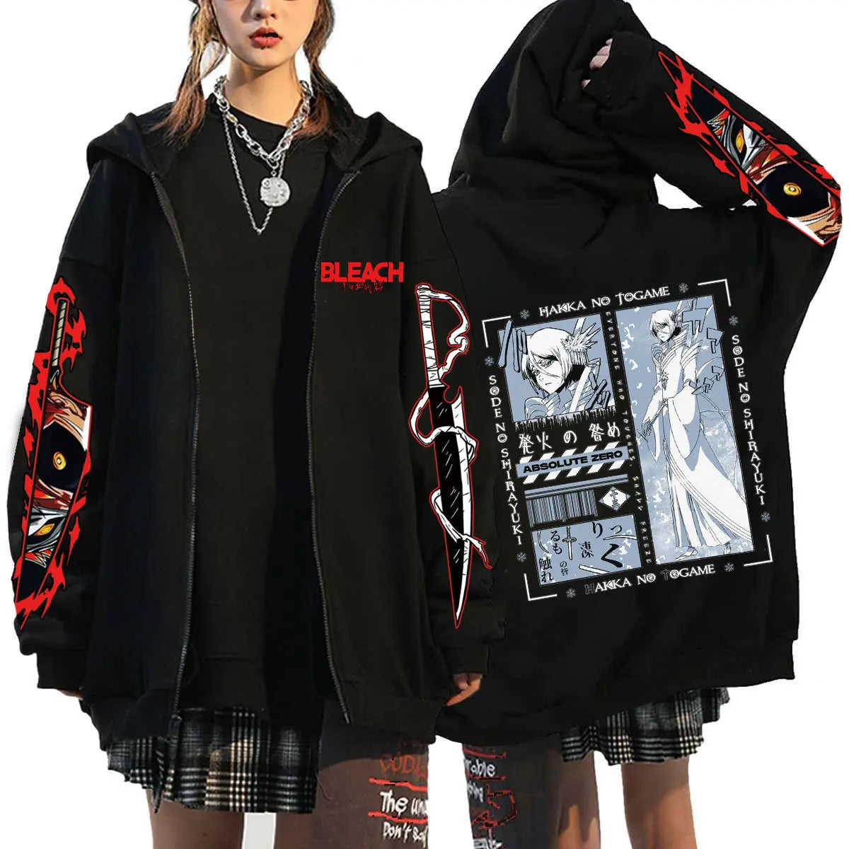 A unisex Bleach Zip Up Hoodie featuring 3D cosplay prints of Kurosaki Ichigo, Kyoraku Shunsui, and Hitsugaya Toshiro for anime fans.