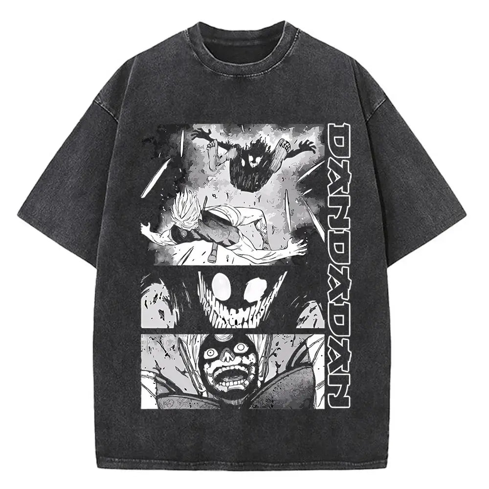 A high-quality cotton men's Dandadan Okarun T-shirt with a Japanese anime cartoon print and aesthetic fashion design.
