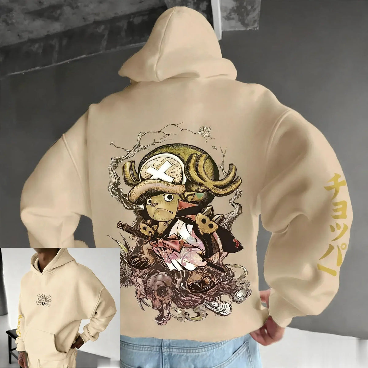 An oversized Chopper Graphic Hoodie featuring a cute Tony Tony Chopper anime print, designed as casual autumn and winter streetwear for men and women.