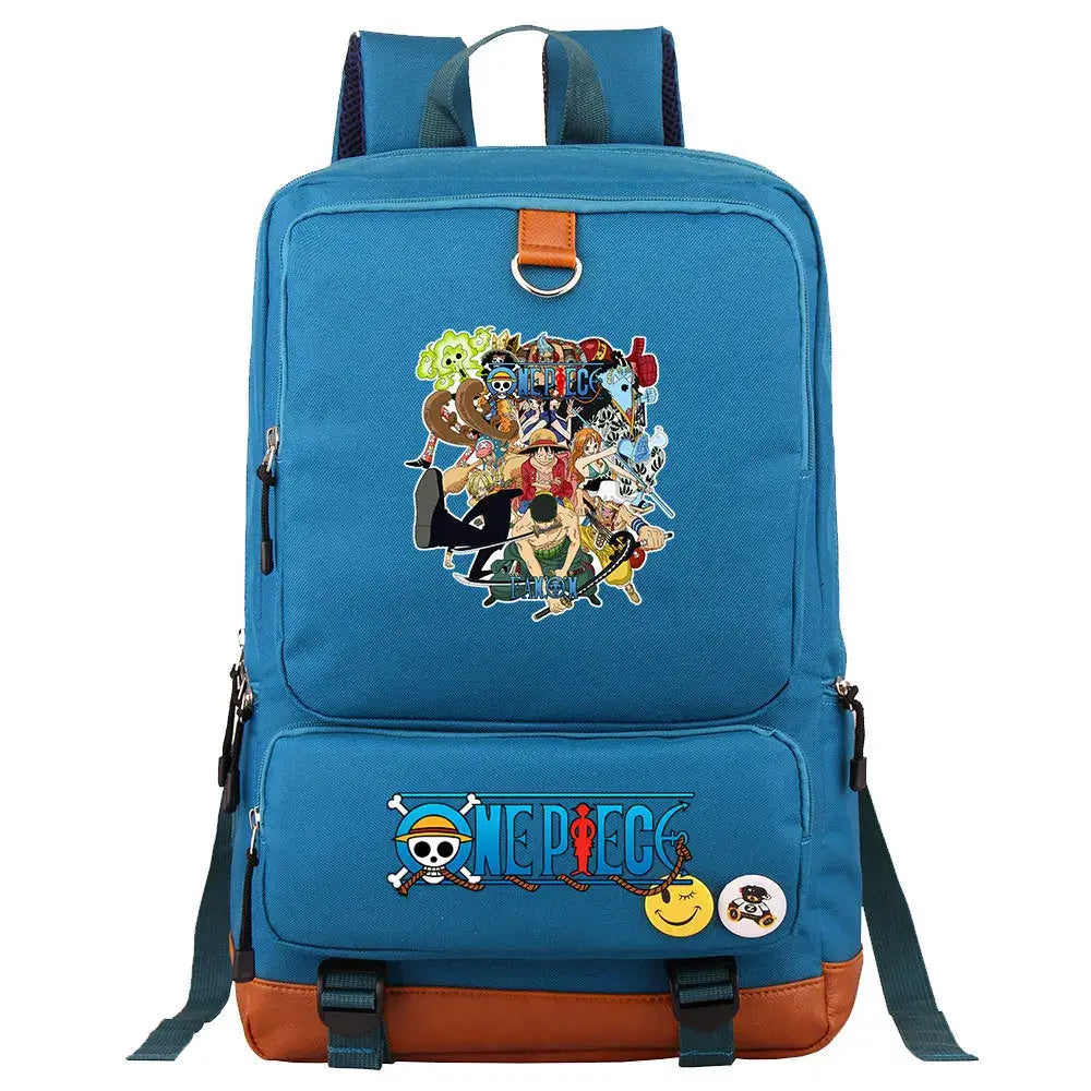 A large, unisex One Piece Luffy Printed Unisex Backpack suitable for school and travel, with compartments for a laptop and iPad.