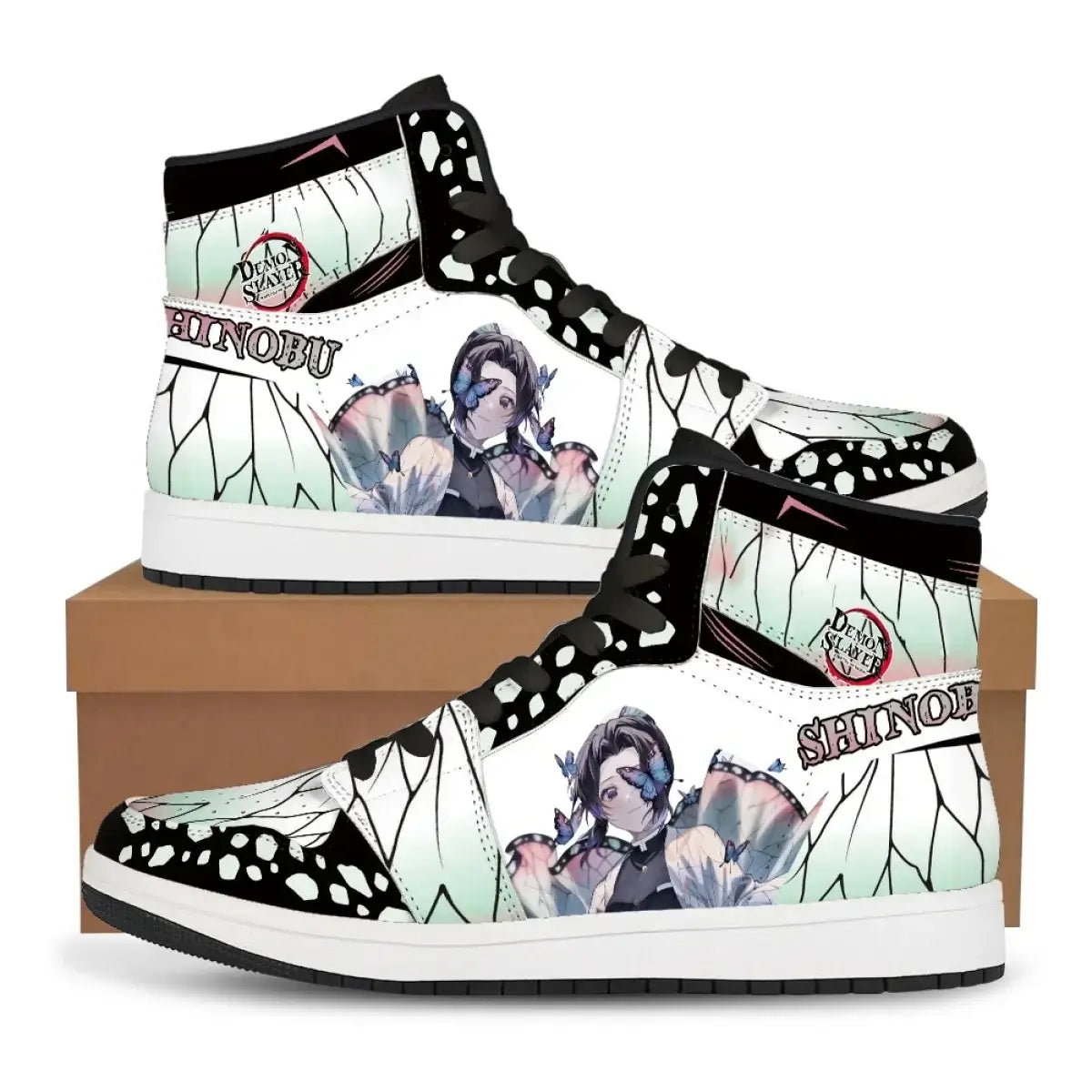 High-top Demon Slayer Sneakers featuring Tanjiro Kamado and Nezuko Kamado anime designs, styled as fashionable basketball shoes for men and women.