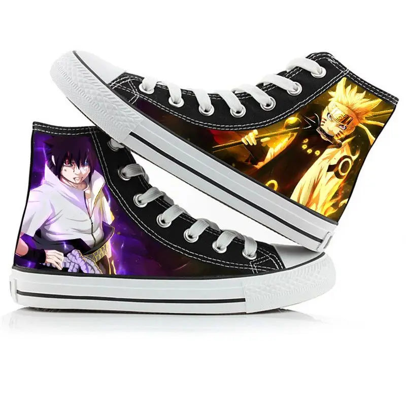 Trendy high-top Naruto Canvas Shoes featuring cool graffiti personality prints of Sasuke Uchiha, Itachi, and Kakashi for men and women.