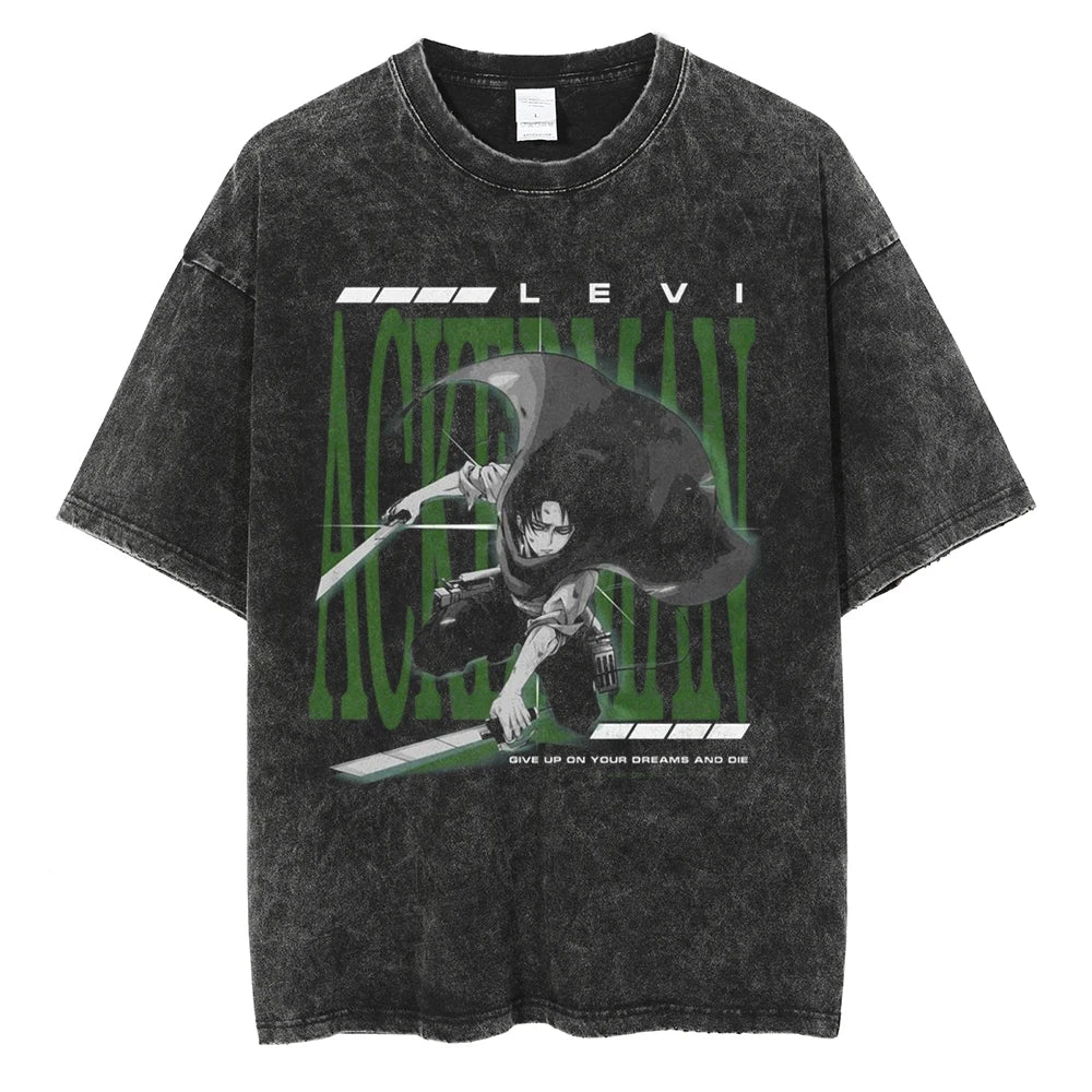 A vintage-washed Eren Jaeger T-Shirt featuring a gritty Attack on Titan manga graphic, styled as oversized Harajuku streetwear for men and women.
