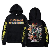 An oversized Midoriya Izuku Hoodie featuring a black and white manga graphic print, styled as unisex Harajuku streetwear for men and women.