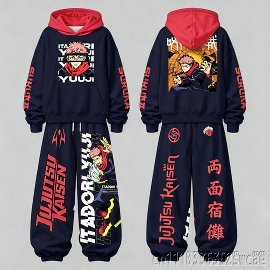 Jujutsu Kaisen Family Hoodie Pants Set featuring a stylish design for both adults and kids.