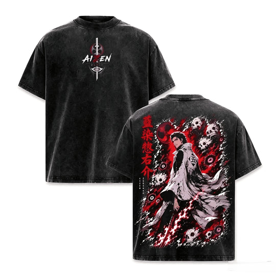 BLEACH Y2K Oversized T-Shirt featuring unique graphic design and washed black fabric, ideal for Harajuku streetwear fans.