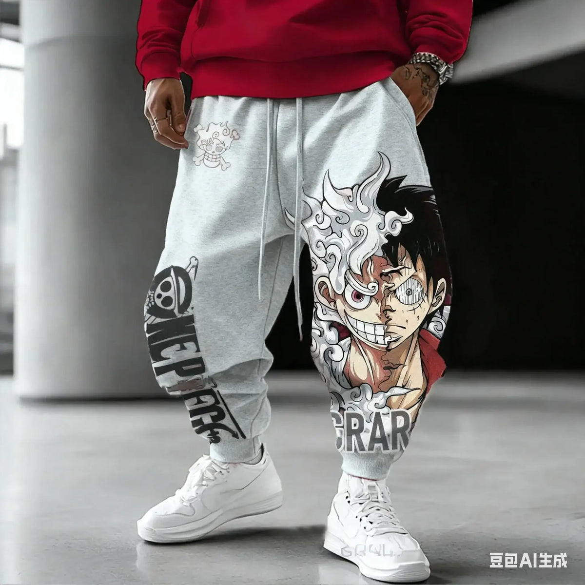 Unisex Luffy Gear 5 Pants made of thick winter cotton, featuring Sun God Nika anime graphics and cuffed ankles for Harajuku streetwear style.