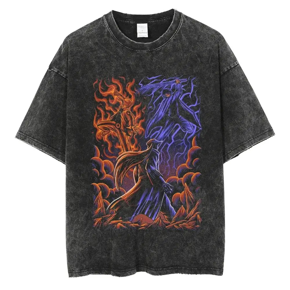 A man wearing the vintage black Japanese Anime Naruto Print T Shirt in a Harajuku hip hop streetwear style.