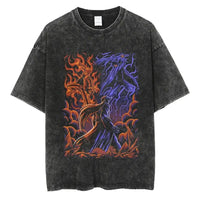 A man wearing the vintage black Japanese Anime Naruto Print T Shirt in a Harajuku hip hop streetwear style.