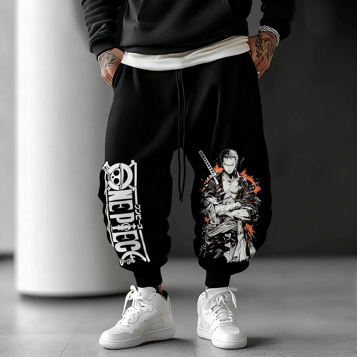 Trendy One Piece Graphic Joggers featuring anime character prints, designed as casual Y2K streetwear sweatpants for men and women.
