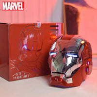 A wearable AutoKing Iron Man Helmet (Mk5) featuring voice-controlled opening face plates and glowing LED eyes for adult cosplay and display.
