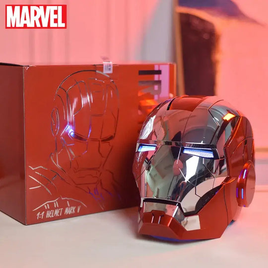 A wearable AutoKing Iron Man Helmet (Mk5) featuring voice-controlled opening face plates and glowing LED eyes for adult cosplay and display.