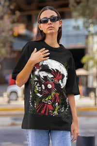 A trendy Majora's Mask T-shirt featuring a dark graphic print of Skull Kid and the cursed mask, styled as Y2K women's streetwear.