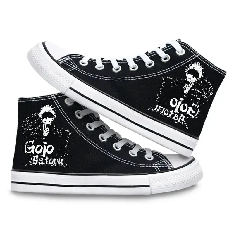 Pair of Jujutsu Kaisen Canvas Shoes featuring Gojo Satoru and Fushiguro Megumi creative cartoon patterns, designed as fashion high-top sneakers.
