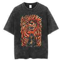 A man wearing the vintage black Japanese Anime Naruto Print T Shirt in a Harajuku hip hop streetwear style.