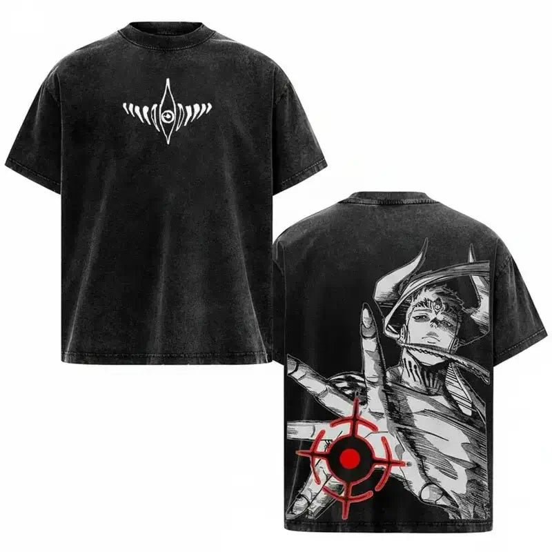 Jujutsu Kaisen Cross Graphic Oversized T-Shirt featuring bold graphic designs front and back in washed black finish.