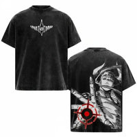 Jujutsu Kaisen Cross Graphic Oversized T-Shirt featuring bold graphic designs front and back in washed black finish.