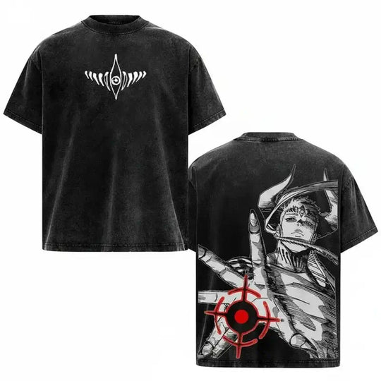 Jujutsu Kaisen Cross Graphic Oversized T-Shirt featuring bold graphic designs front and back in washed black finish.
