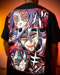 A couple wearing matching oversized Demon Slayer Graphic T Shirts in a hip hop, Y2K streetwear style.