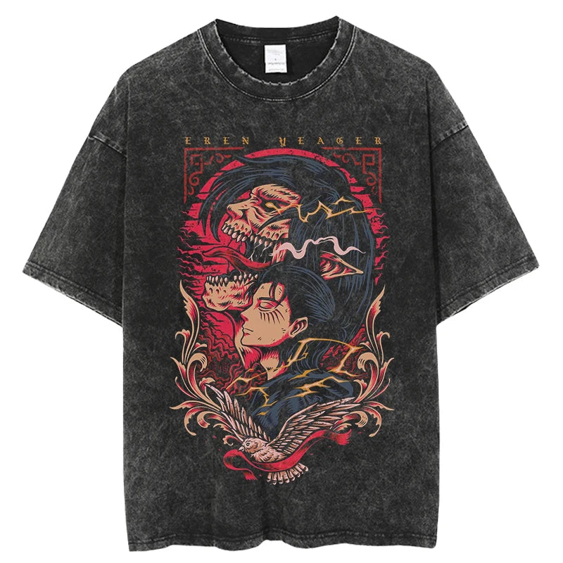 A vintage-washed Eren Jaeger T-Shirt featuring a gritty Attack on Titan manga graphic, styled as oversized Harajuku streetwear for men and women.