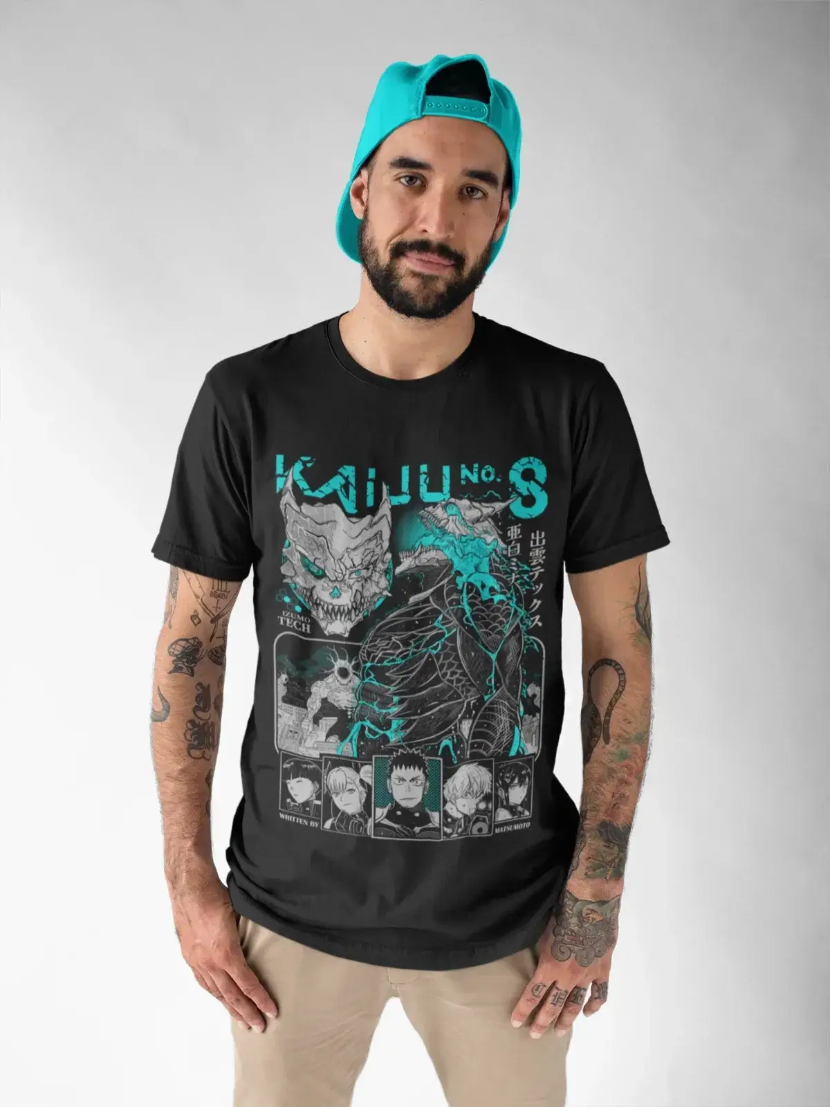 A black Kaiju No 8 T-shirt featuring a manga graphic of Captain Mina Ashiro holding a cannon, styled as a Y2K top for women's clothing.