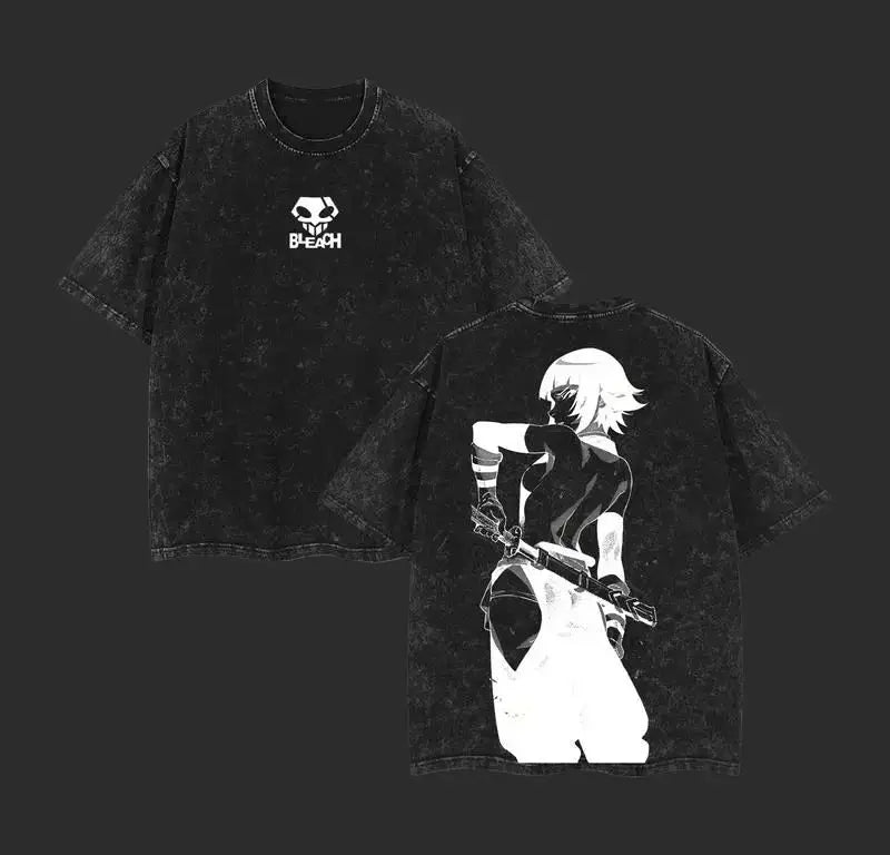 Bleach T-Shirt Vintage Washed Anime Streetwear oversized nylon-cotton blend Y2K hip-hop Bleach anime graphic washed finish applique unisex S to XXXL front view