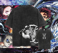 Men's Acid Washed TShirt Streetwear with an oversized fit and a Japanese anime graphic, showcasing a vintage washed black Harajuku style.