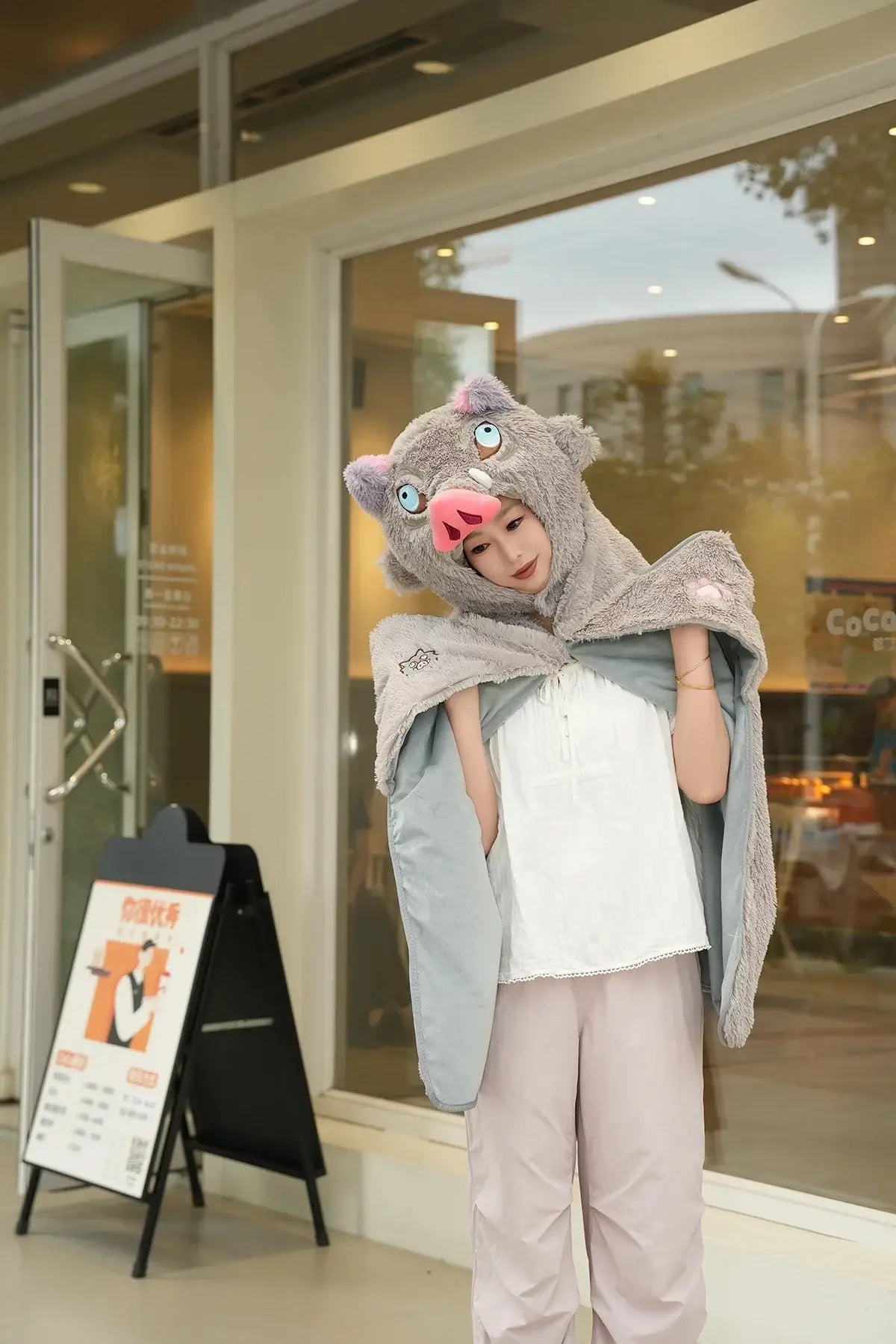 Inosuke Boar Head Plush Cosplay Neck Pillow U-shaped hooded travel blackout cloak anime prop