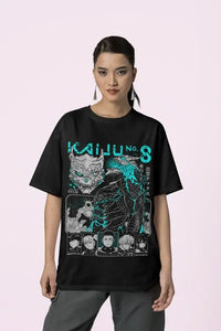 A black Kaiju No 8 T-shirt featuring a manga graphic of Captain Mina Ashiro holding a cannon, styled as a Y2K top for women's clothing.