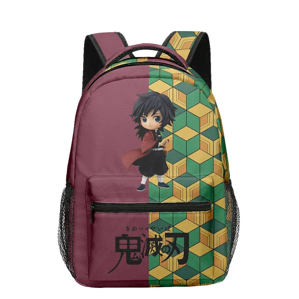 A 3-piece Demon Slayer Backpack Set featuring Tanjiro and Nezuko anime art, including a school bag, lunch box, and pencil case for elementary students.