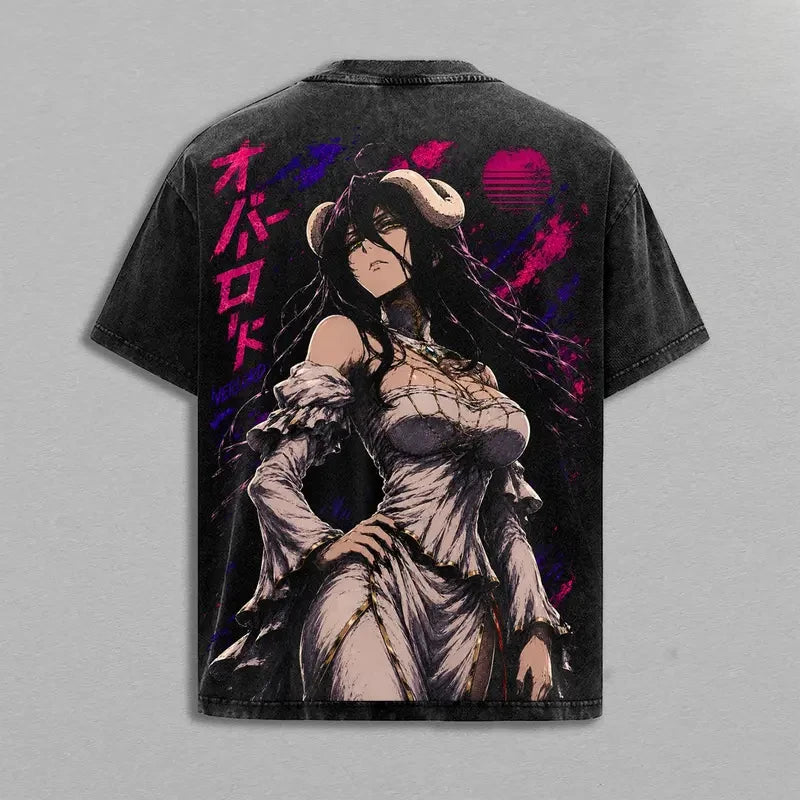 Albedo Overlord Retro Washed T-Shirt Harajuku Cotton Tee