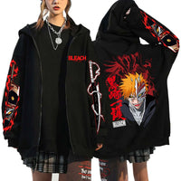 A unisex Bleach Zip Up Hoodie featuring 3D cosplay prints of Kurosaki Ichigo, Kyoraku Shunsui, and Hitsugaya Toshiro for anime fans.