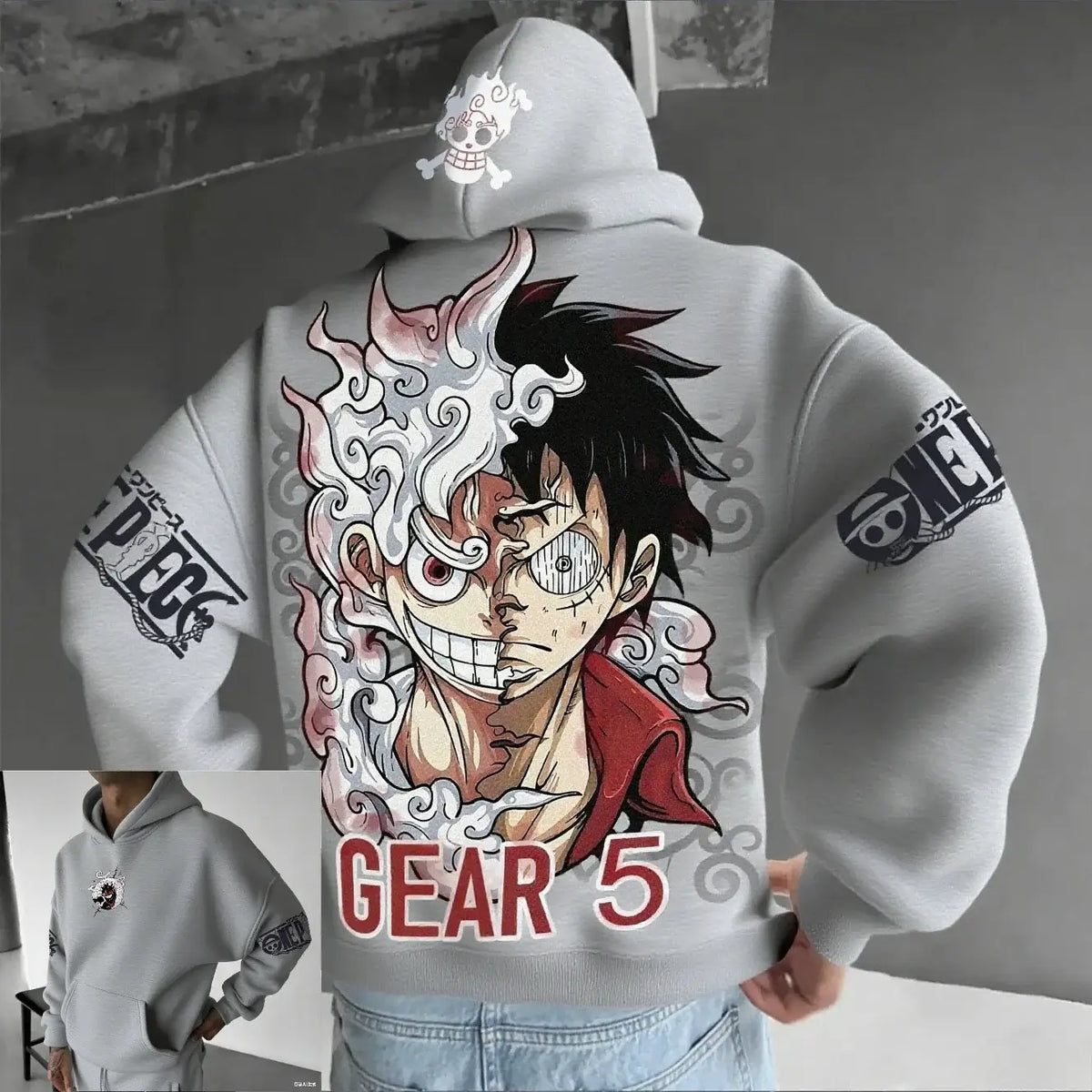 A streetwear One Piece Luffy Gear 5 Nika Anime Hoodie, a casual pullover for men and women's autumn and winter cosplay.