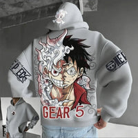 A streetwear One Piece Luffy Gear 5 Nika Anime Hoodie, a casual pullover for men and women's autumn and winter cosplay.