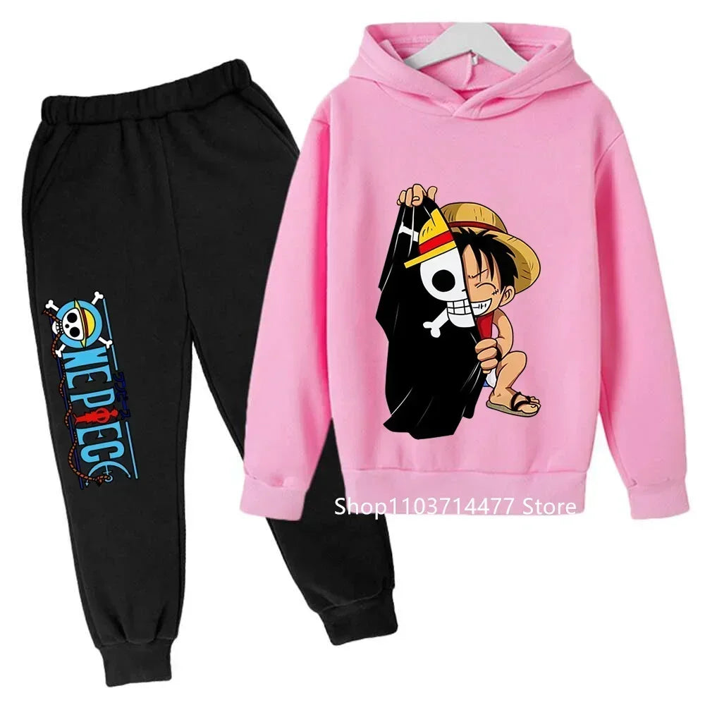 A comfortable One Piece Hoodie Set for kids featuring Monkey D. Luffy anime graphics, including a hoodie and pants 2-piece sports suit.