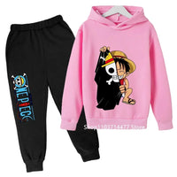 A comfortable One Piece Hoodie Set for kids featuring Monkey D. Luffy anime graphics, including a hoodie and pants 2-piece sports suit.